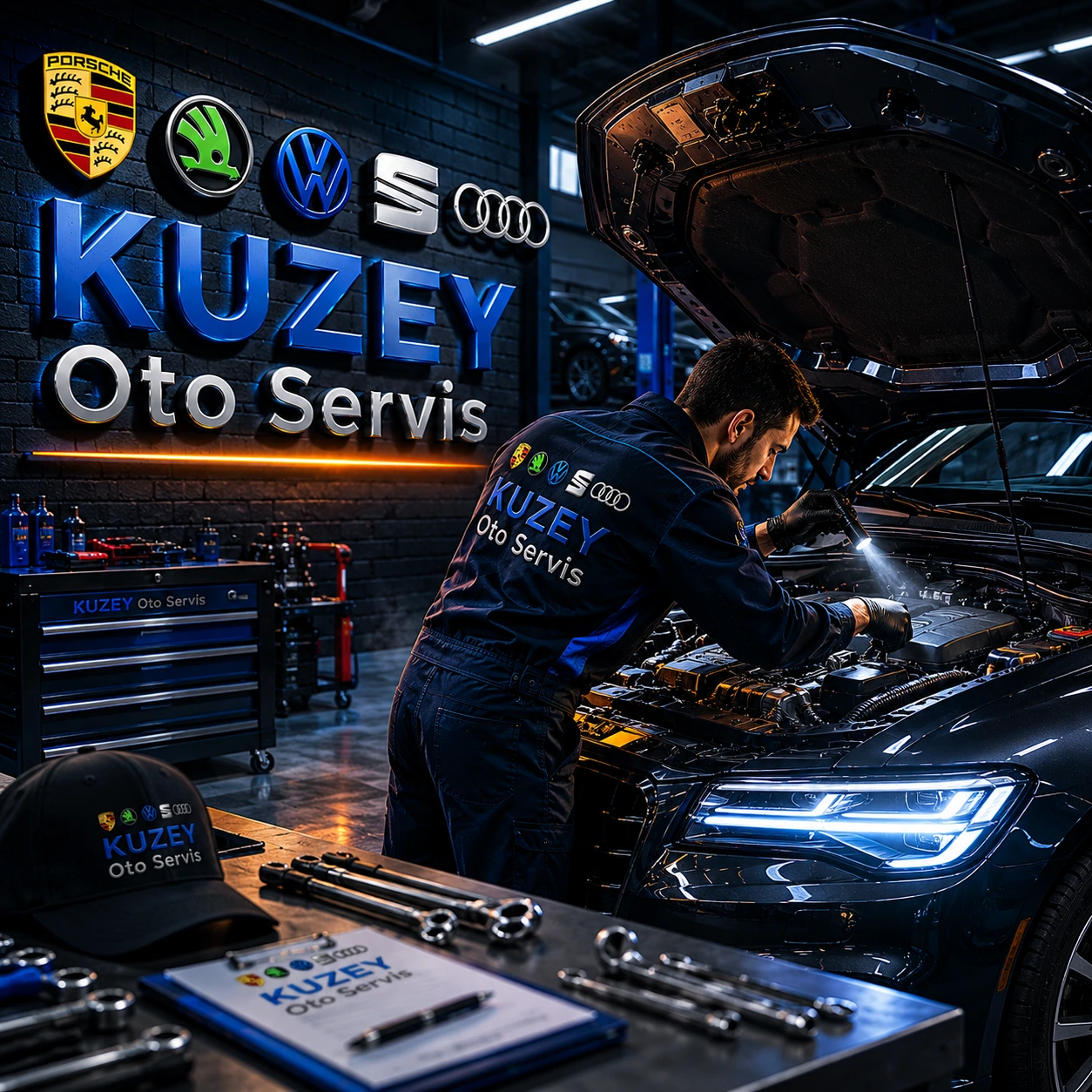 Kuzey Oto Servis teknisyeni Renault araca müdahale ederken